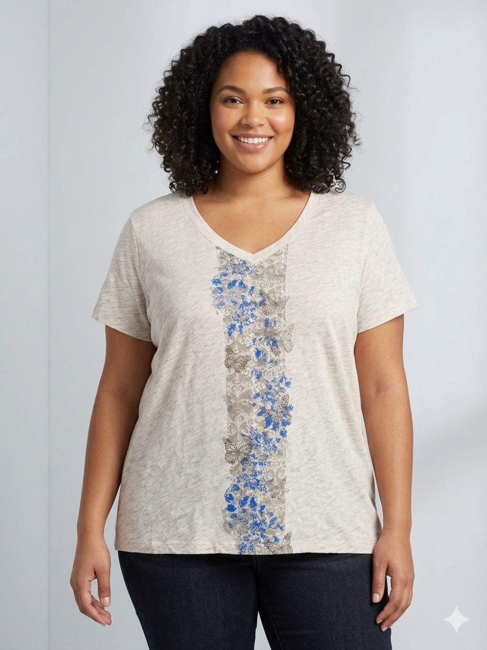 Denver Hayes Cream V-Neck Tee with Blue Floral StripeXL-2XL